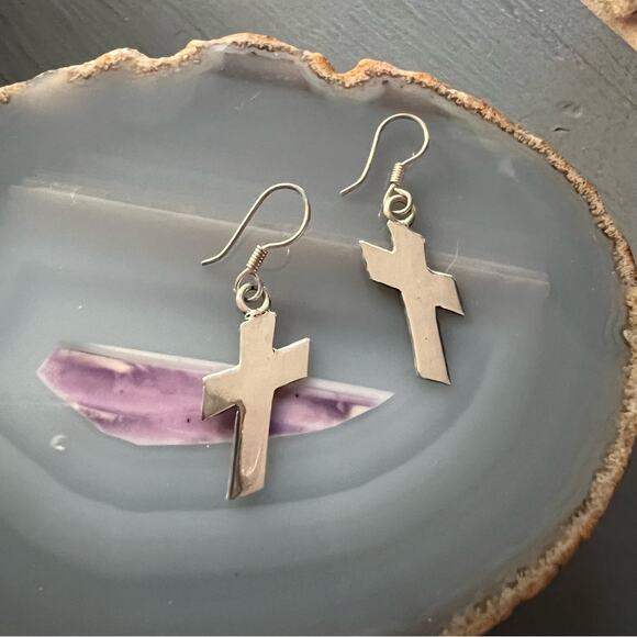 925 Sterling Silver Cross Earrings - Picture 1 of 8